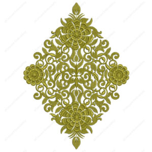 Ornate Green Floral Cushion Embroidery Design with Symmetrical Scrollwork and Medallion Detailing