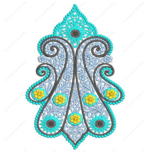 Elegant Turquoise Paisley Cushion Embroidery Design with Floral and Scroll Detailing
