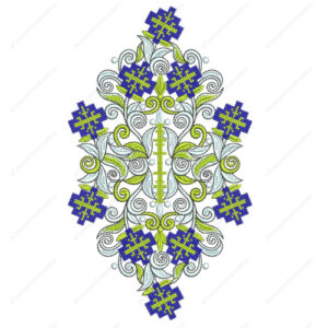 Blue Geometric Floral Cushion Embroidery Design with Ornamental Scrollwork