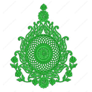 Intricate Green Circular Cushion Embroidery Design with Lattice Center and Ornamental Leaves