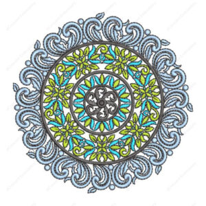 Elegant Circular Floral Cushion Embroidery Design with Ornamental Scroll Border