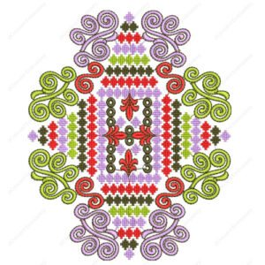Colorful Ornamental Cushion Embroidery Design with Geometric Cross-Stitch and Scroll Detailing