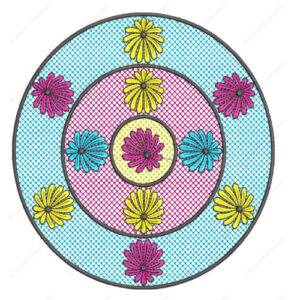 Colorful Circular Floral Cushion Embroidery Design with Layered Grid Background
