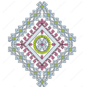 Geometric Tribal Cushion Embroidery Design with Diamond Layout and Ornamental Detailing