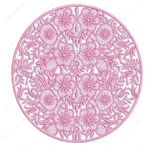 Elegant Monochrome Floral Round Cushion Embroidery Design with Intricate Lace Detailing