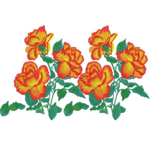 Vibrant Orange Floral Embroidery Design with Layered Rose Blossoms and Detailed Green Foliage