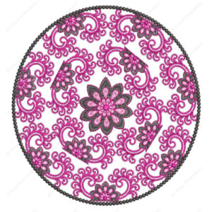 Intricate Circular Floral Embroidery Design with Ornamental Swirls and Central Bloom