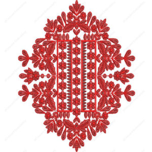 Bold Red Floral Cushion Embroidery Design with Central Panel and Ornamental Symmetry