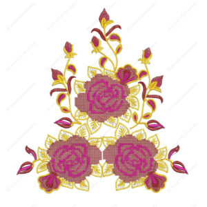 Elegant Pink Rose Embroidery Design with Ornamental Leaves and Decorative Floral Arrangement