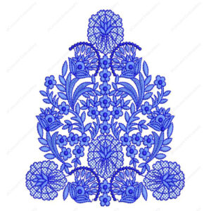 Elegant Blue Floral Embroidery Design with Symmetrical Botanical Arrangement and Fine Lace Detailing