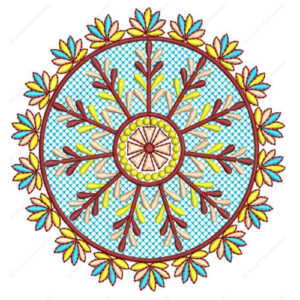 Colorful Circular Embroidery Design with Radiating Floral Elements and Decorative Petal Border