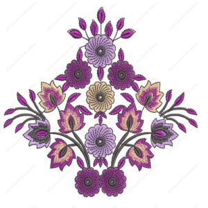 Decorative Purple Floral Embroidery Design with Stylized Blossoms and Curved Stem Detailing