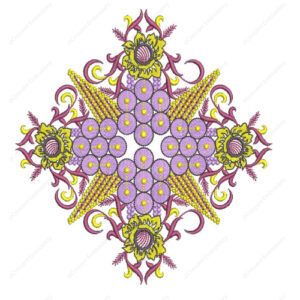 Ornamental Star Floral Embroidery Design with Circular Motifs and Decorative Scroll Accents