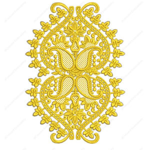 Elegant Golden Embroidery Design with Ornamental Floral Motifs and Symmetrical Paisley Detailing