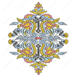 Colorful Ornamental Embroidery Design with Symmetrical Paisley Motifs and Floral Accents