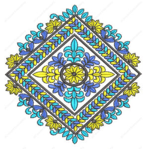 Vibrant Diamond Embroidery Design with Floral Motifs and Decorative Leaf Border