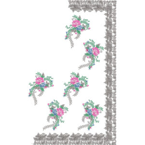 Elegant Multicolor Floral Saree Embroidery Design with Grey Ornamental Border and Bouquet Motifs