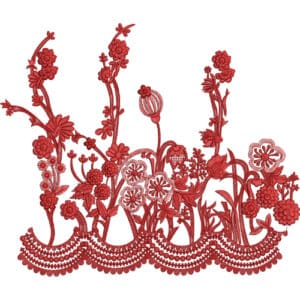 Intricate Red Floral Lace Embroidery Design with Dense Botanical Detailing and Scalloped Base