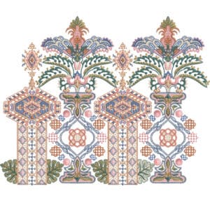Ornate Multicolor Lace Embroidery Design with Geometric Panels and Floral Motifs