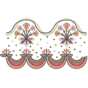 Ornate Scalloped Lace Embroidery with Floral Spray and Layered Border Detailing