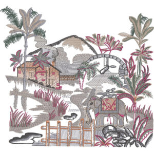 Scenic Landscape Embroidery Design with Elephant, Hut, and Tropical Foliage