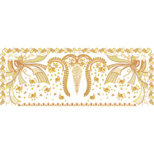 Elegant Golden Floral Lace Embroidery with Ornamental Paisley and Ribbon Detailing