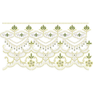 Elegant Beaded Floral Lace Embroidery with Scalloped Border and Leaf Motifs