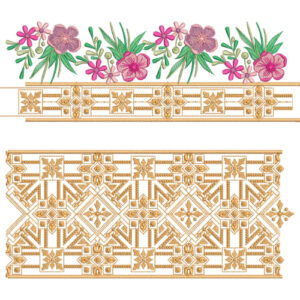 Floral and Geometric Lace Embroidery with Ornamental Panel and Border Detailing