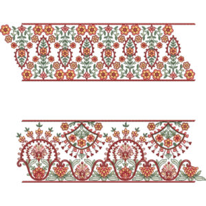 Traditional Floral Lace Embroidery with Paisley Motifs and Ornamental Scalloped Border