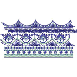 Intricate Blue Floral Lace Embroidery with Beaded Fringe and Ornamental Borders