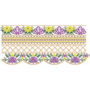 Layered Floral Lace Embroidery with Geometric Lattice and Scalloped Border