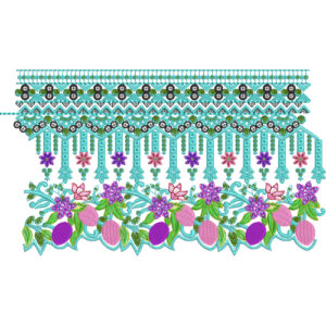 Vibrant Floral Lace Embroidery with Beaded Fringe and Ornamental Border Layers