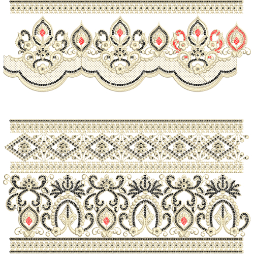 Luxury Ornamental Lace Embroidery with Beaded Scallops and Paisley Motifs