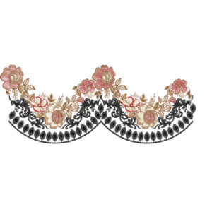 Elegant Floral Scalloped Lace Embroidery with Ornamental Black Detailing
