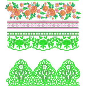 Multi-Style Lace Embroidery with Floral Vine, Ornamental Green Lace, and Decorative Borders
