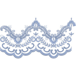 Elegant Blue Ornamental Lace Embroidery with Scalloped Border and Floral Scrollwork