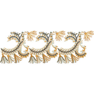 Ornamental Paisley Lace Embroidery with Tassel Fringe and Floral Vine Detailing