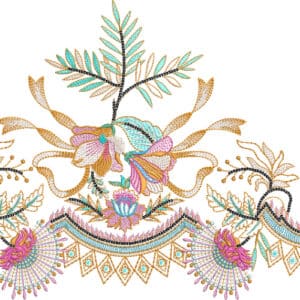 Intricate Multicolor Floral Lace Embroidery Design with Decorative Border and Leaf Motifs