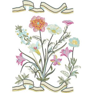 Vibrant Multicolor Floral Lace Embroidery Design with Ribbon Frame and Detailed Stitch Work