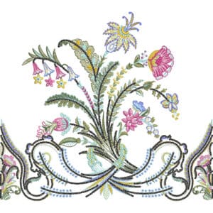 Artistic Multicolor Floral Lace Embroidery Design with Flowing Base and Decorative Swirls