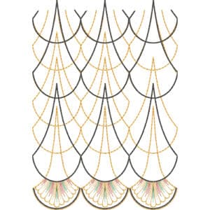 Geometric Scalloped Lace Embroidery Design with Layered Net Structure and Fan Base