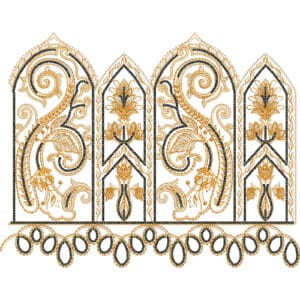 Ornamental Paisley Lace Embroidery Border Design with Arched Panels and Loop Detailing