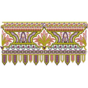 Ornate Multicolor Lace Embroidery Border Design with Floral Motifs and Geometric Hanging Details