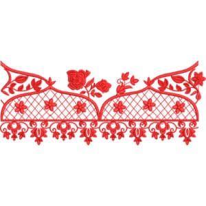Elegant Red Floral Lace Embroidery Border Design with Net Fill and Hanging Details