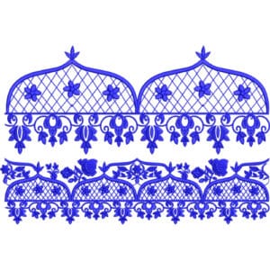 Classic Blue Floral Lace Embroidery Border Set with Net Panels and Ornamental Hanging Details