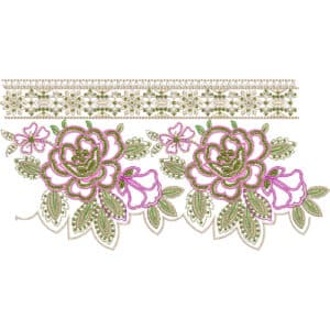 Elegant Floral Lace Embroidery Border Design with Layered Rose Motifs and Decorative Top Band
